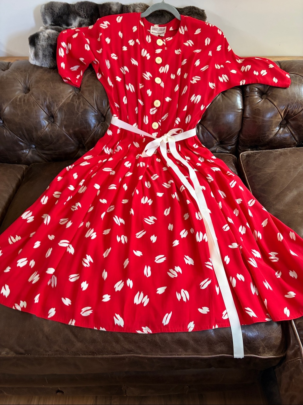 1980’s Maggy London Red White Rayon Midi Dress Size 8